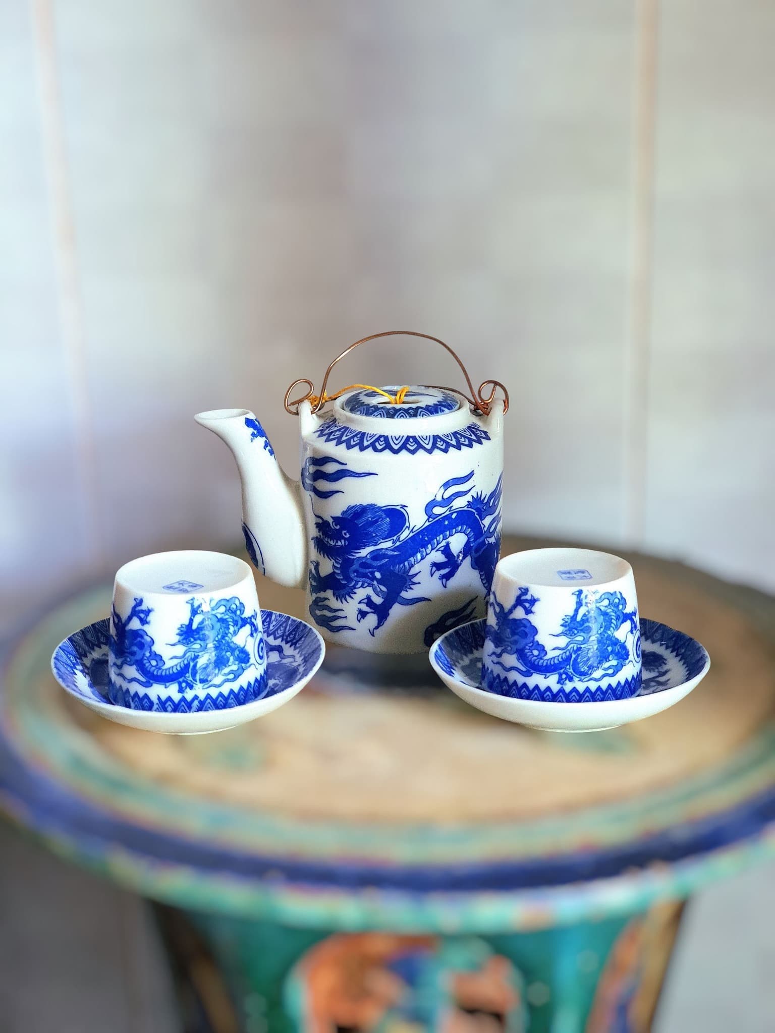 Bộ ấm trà men lam – Long vân khánh thịnh